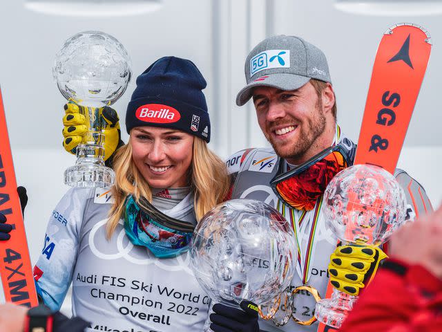 Paul Brechu/Agence Zoom/Getty Mikaela Shiffrin of Team United States wins the globe in the overall standings, Aleksander Aamodt Kilde of Team Norway wins the globe in the super G and downhill standings during the Audi FIS Alpine Ski World Cup Women's Giant Slalom on March 20, 2022 in Courchevel, France