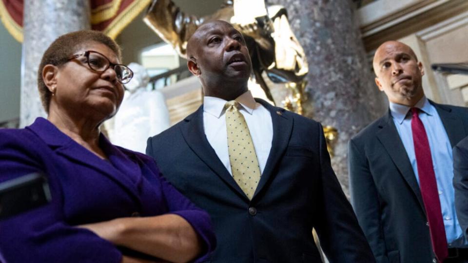 Rep. Karen Bass (D-CA), Sen. Tim Scott (R-SC), and Sen. Cory Booker (D-NJ)