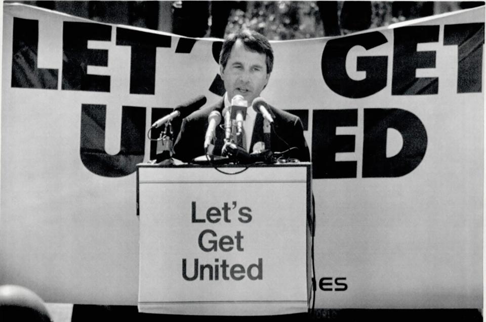 Gov. David Walters speaks at a 1991 rally in downtown Oklahoma City to show support for a sales tax that would help lure United Airlines to build its $1 billion maintenance facility in Oklahoma City.