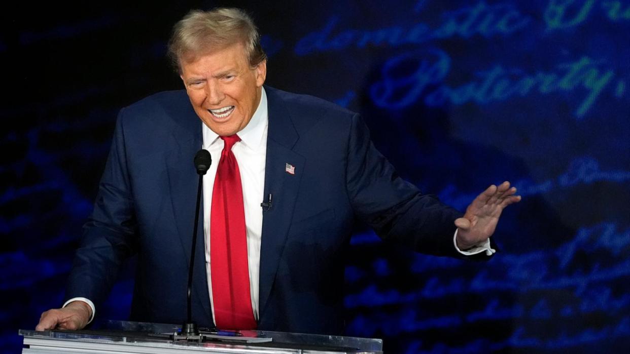 PHOTO: Republican presidential nominee former President Donald Trump speaks during a presidential debate with Democratic presidential nominee Vice President Kamala Harris, Sept.10, 2024, in Philadelphia.  (Alex Brandon/AP)