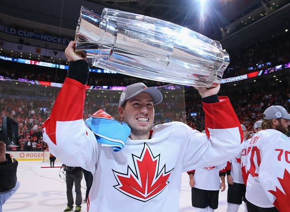 TORONTO, ON - SEPTEMBER 29: Logan Couture #39 of Team Canada celebrates after a 2-1 victory over Team Europe during Game Two of the World Cup of Hockey final series at the Air Canada Centre on September 29, 2016 in Toronto, Canada. (Photo by Bruce Bennett/Getty Images)