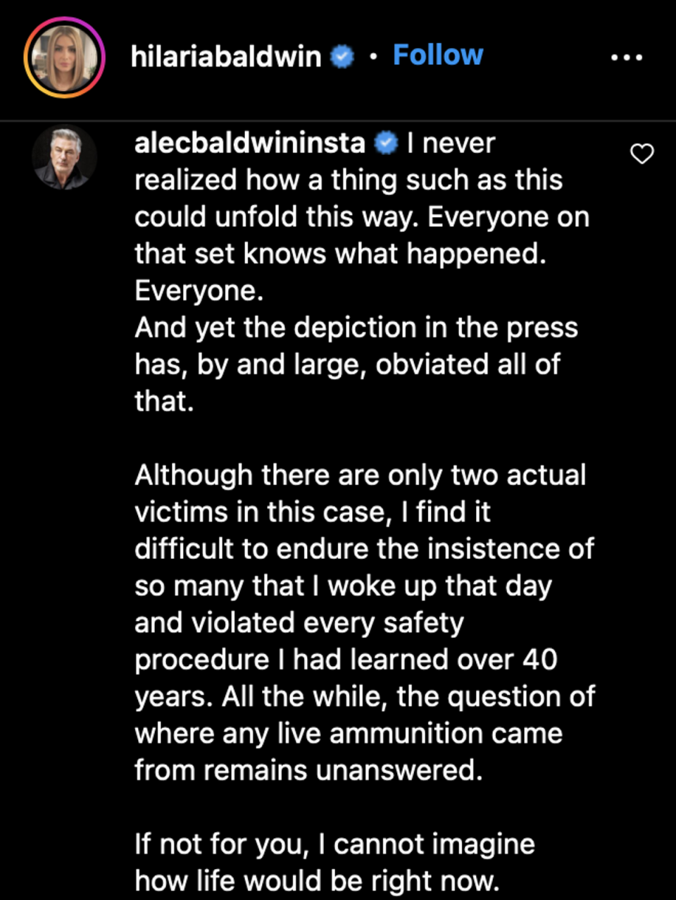 Alec Baldwin comentó sobre el tiroteo en el set de Rust en Instagram (Instagram)