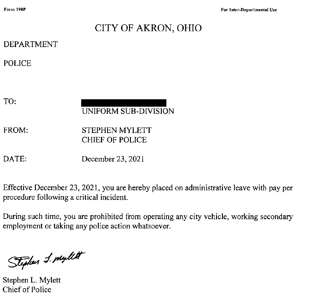 A redacted notice of administrative leave sent by Akron police to an officer involved in a Dec. 23 shooting. The Akron Beacon Journal believes the redaction of the name form the administrative record is illegal.