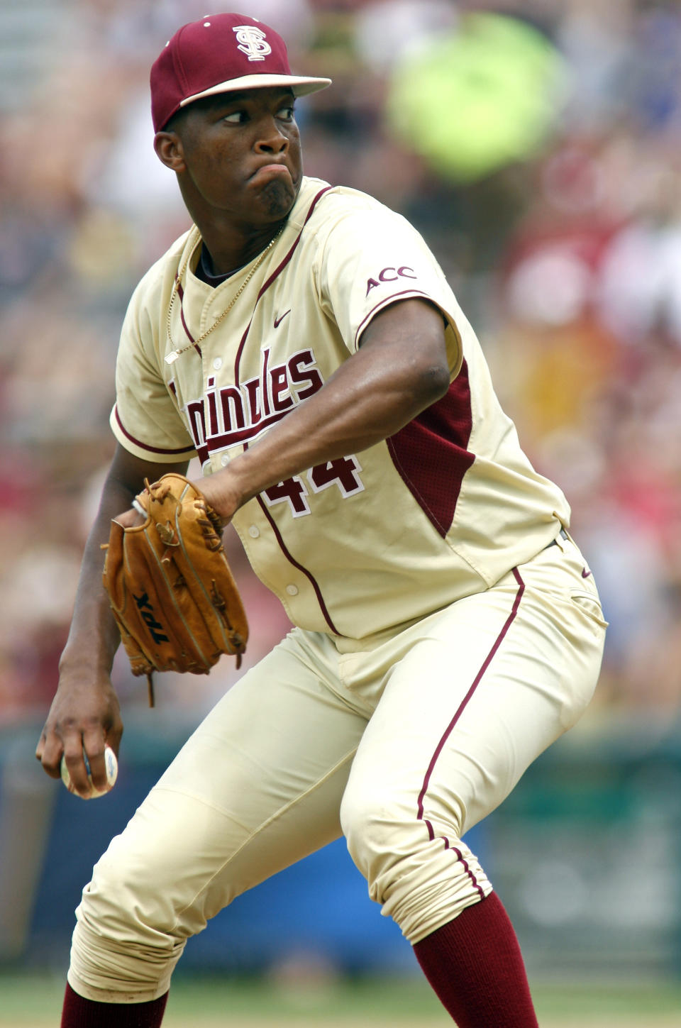 FILE- In this June 9, 2013, file photo, Florida State pitcher Jameis Winston (44) throws in the seventh inning of an NCAA college baseball tournament super regional game against Indiana in Tallahassee, Fla. Winston will become the sixth Heisman winner to play college baseball after winning the award and the first since Bo Jackson in 1986. Winston is the Seminoles' closer, will DH and play outfield. (AP Photo/Phil Sears, File)