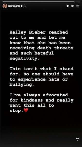 PHOTO: Actress Selena Gomez posted a message in support of Hailey Bieber and against hate speech on Instagram, March 24, 2023. (selenagomez/Instagram)