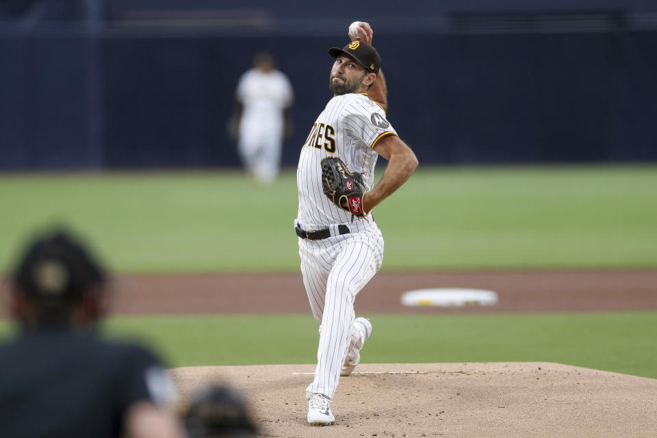 San Diego Padres starting pitcher Michael Wacha throws to the plate during the first inning of a baseball game against the Miami Marlins, Monday, Aug 21, 2023, in San Diego. (AP Photo/Brandon Sloter)