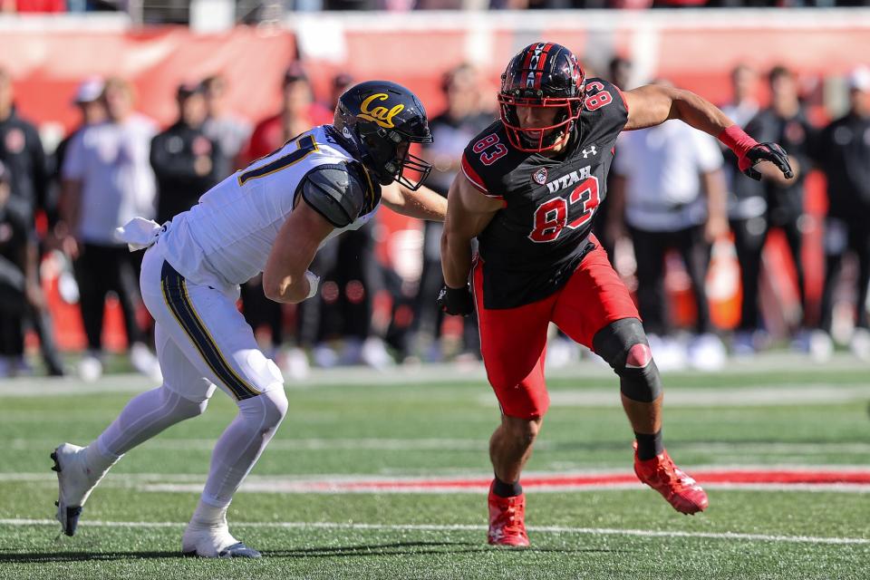 Oct 14, 2023; Salt Lake City, Utah, USA; Utah Utes defensive end Jonah Elliss (83) plays against California Golden Bears offensive lineman Everett Johnson (77) in the second half at Rice-Eccles Stadium. Mandatory Credit: Rob Gray-USA TODAY Sports