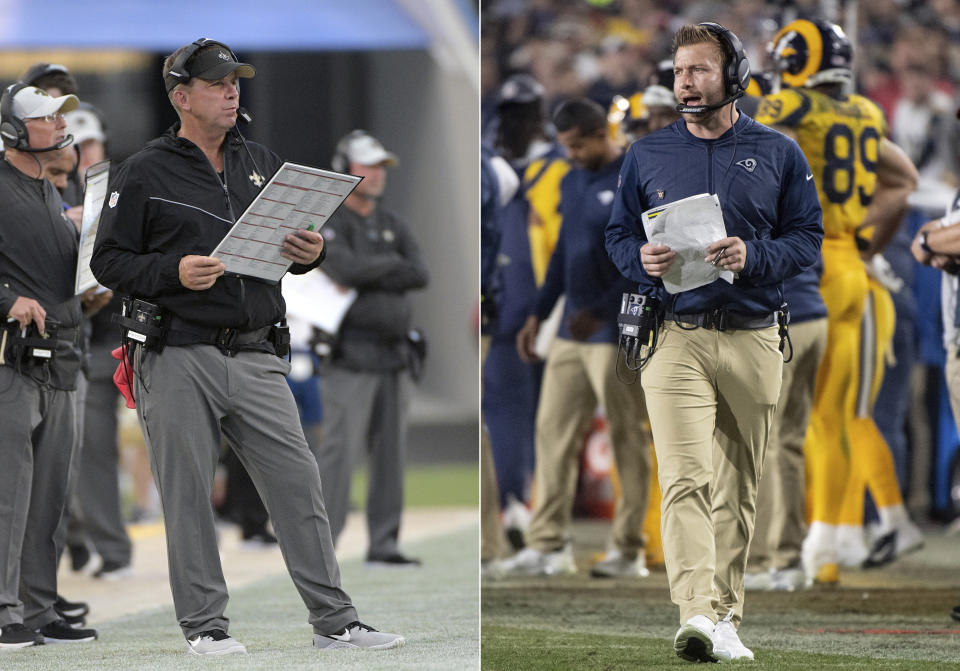 FILE - At left, in an Aug. 9, 2018, file photo, New Orleans Saints head coach Sean Payton watches from the sideline during the first half of an NFL preseason football game against the Jacksonville Jaguars, in Jacksonville, Fla. At right, in a Nov. 19, 2018, file photo, Los Angeles Rams head coach Sean McVay watches on the sideline during an NFL football game against the Kansas City Chiefs, in Los Angeles. One way or another, the NFC Championship between the Los Angeles Rams and New Orleans Saints will be won by a coach named Sean _ and with an Irish surname _ who designs and calls plays for one of the most innovative and productive offenses in the NFL. (AP Photo/File)