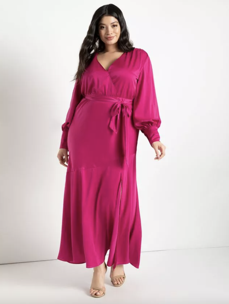 plus size model with long black hair in pink satin Eloquii Satin Maxi Dress (Photo via Eloquii)