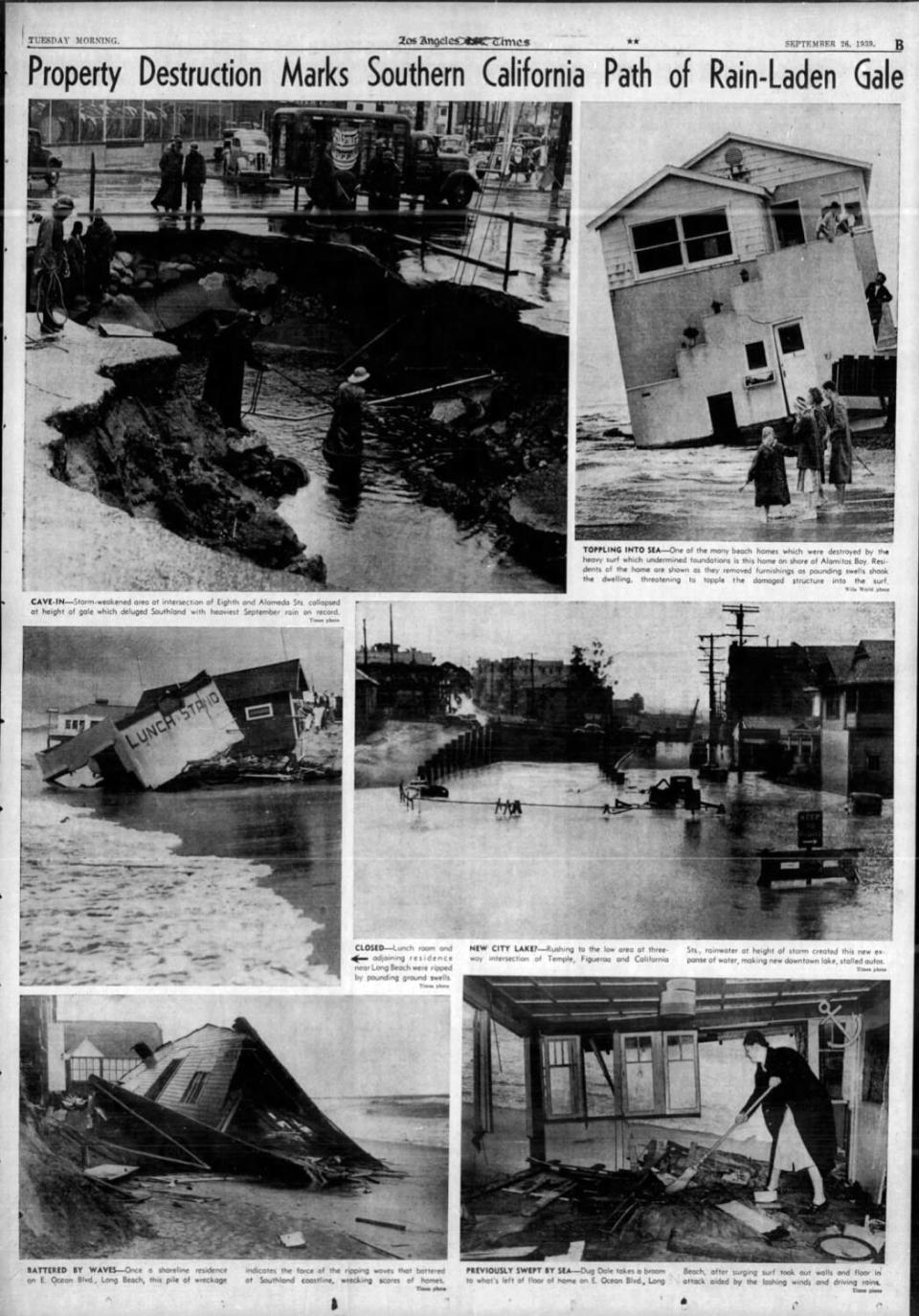 An image of an L.A. Times page with photos of storm damage.