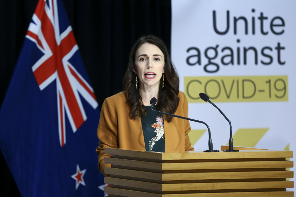 WELLINGTON, NEW ZEALAND - JUNE 08: Prime Minister Jacinda Ardern speaks to media during a post cabinet press conference at Parliament on June 08, 2020 in Wellington, New Zealand. Prime Minister Jacinda Ardern announced that New Zealand will move to COVID-19 Alert Level 1 at midnight on June 8. Alert Level 1 will see people return to work, school, sports events and domestic travel without restrictions. There will also no longer be any restrictions on numbers at mass gatherings. Controls at the borders will remain in place for all people entering New Zealand, including health screening and testing for all arrivals, and mandatory 14-day managed quarantine or isolation. There are no longer any active cases of COVID-19 in New Zealand. (Photo by Hagen Hopkins/Getty Images)