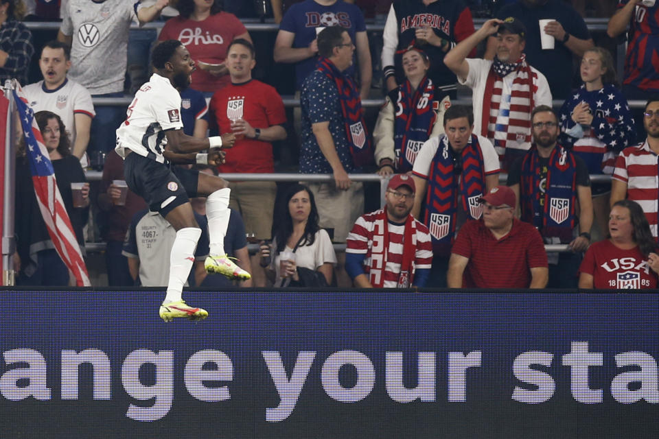 Costa Rica's Keysher Fuller celebrates his goal against the United States during the first half of a World Cup qualifying soccer match Wednesday, Oct. 13, 2021, in Columbus, Ohio. (AP Photo/Jay LaPrete)