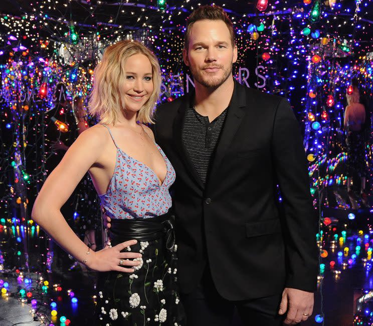 Jennifer Lawrence and Chris Pratt pose at a photo call