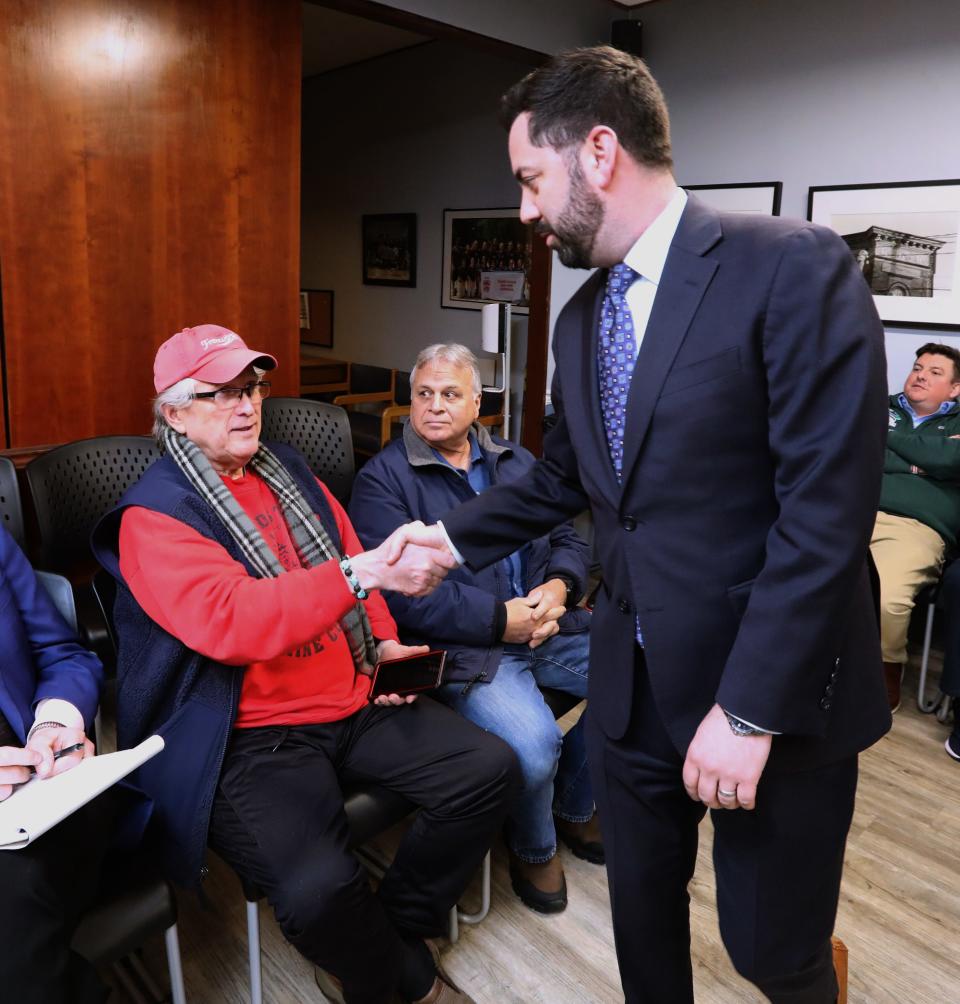 Rep. Mike Lawler talks with his Bernard Carella of Haverstraw as he arrives for his Mobile Office Hours event at Haverstraw Village Hall Feb. 22, 2024.