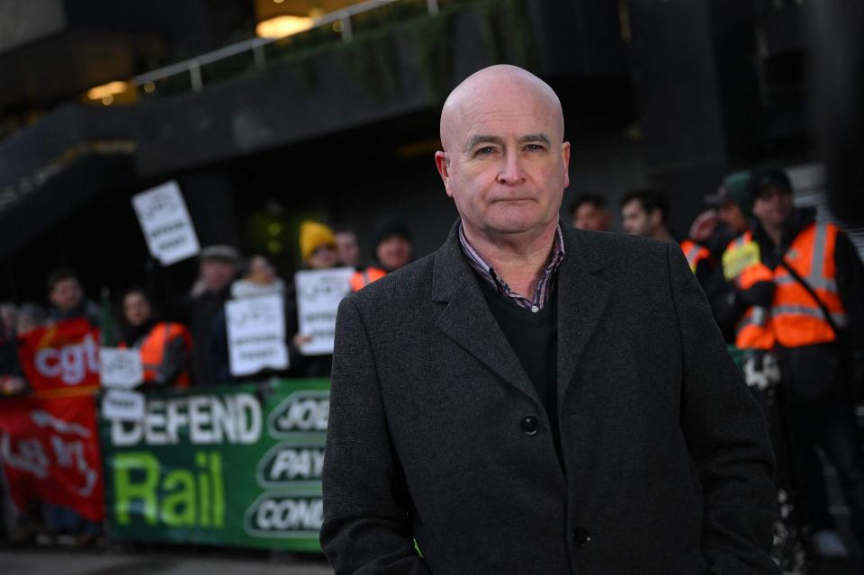 Rail, Maritime and Transport Workers Union Secretary-General Mick Lynch during an RMT union picket outside London Euston station on Friday (AFP via Getty Images)