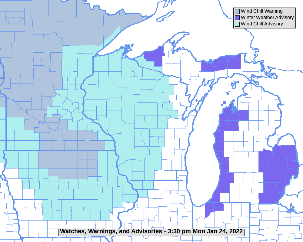 Areas shaded in light blue are under wind chill advisories and warnings for Monday night into Tuesday. More advisories and warnings are likely to be posted for Tuesday night into Wednesday, forecasters say.