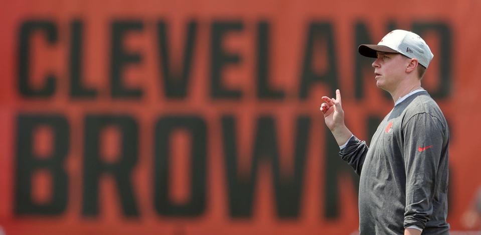 Cleveland Browns chief of staff Callie Brownson watches from the sideline during NFL football training camp, Saturday, July 31, 2021, in Berea, Ohio.