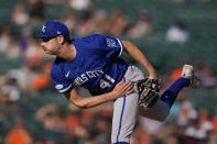 Kansas City Royals relief pitcher Wyatt Mills throws in the seventh inning of a baseball game in Detroit, Saturday, July 2, 2022. (AP Photo/Paul Sancya)