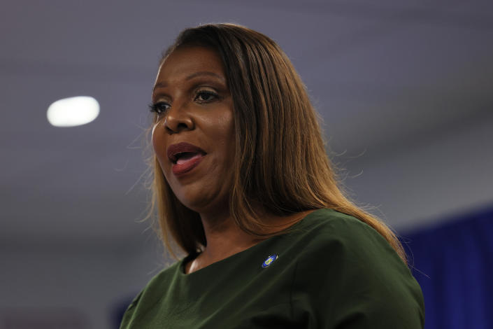 New York state Attorney General Letitia James speaks at a press conference.