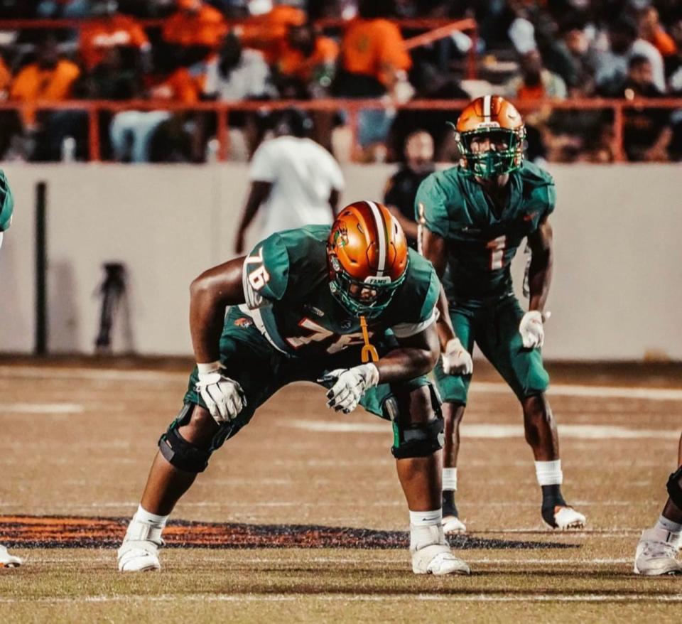 Florida A&M Rattlers offensive lineman Cameron Covin lines up for a play while playing against the Alabama State Hornets at Bragg Memorial Stadium on Saturday, Oct. 2, 2021. 

Covin was named All-SWAC Second Team in 2022 despite being one of 26 players ruled NCAA uncertified, forcing him to miss the Week 0 season opener against the North Carolina Tar Heels on Saturday, Aug. 27, 2022.