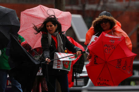 Striking teachers in the Los Angeles public school system deal with the rain and wind after going on strike in Los Angeles, California, U.S., January 14, 2019. REUTERS/Mike Blake