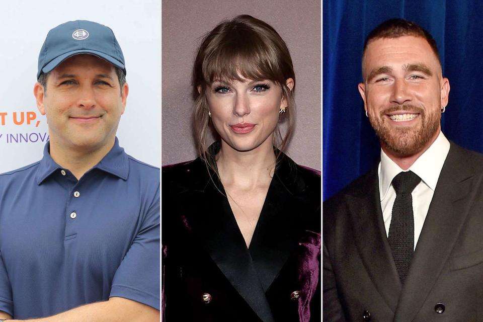 <p>getty (3)</p> Adam Schefter, Taylor Swift, Travis Kelce