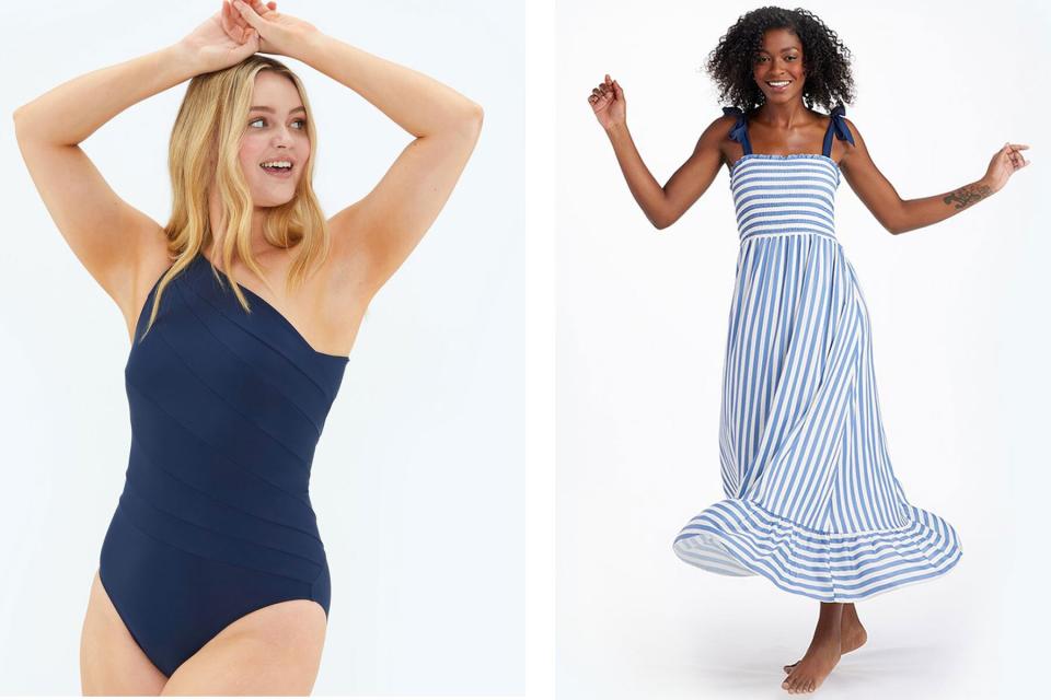 Woman wearing navy swimsuit and white and blue striped maxi dress