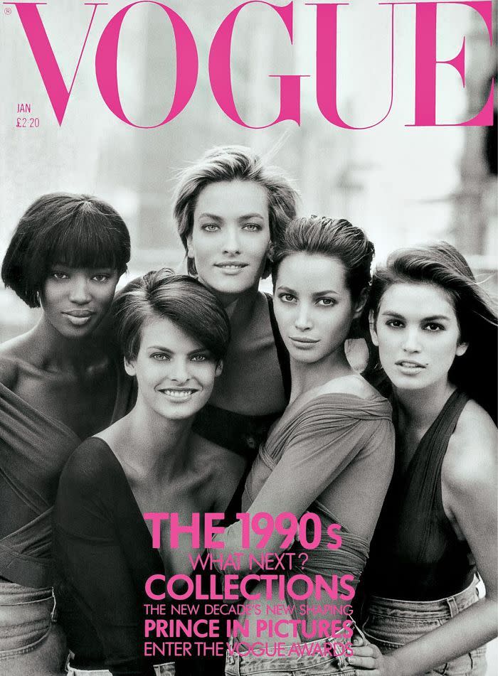 Naomi Campbell, Linda Evangelista, Tatjana Patitz, Christy Turlington, and Cindy Crawford grace the cover of UK Vogue January 1990 issue.