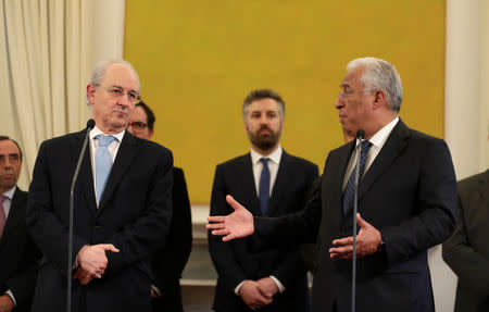 Portugal's Prime Minister Antonio Costa (R) and Social Democratic Party (PSD) leader Rui Rio attend a news conference at the Sao Bento Palace in Lisbon, Portugal April 18, 2018. REUTERS/Rafael Marchante