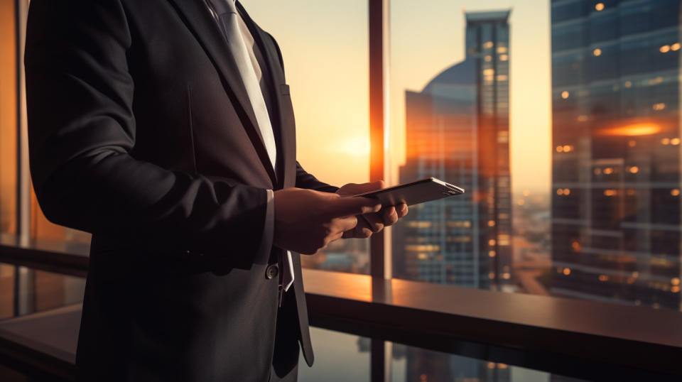 A businessman wearing a suit and holding a tablet, reviewing the financial performance of a company.