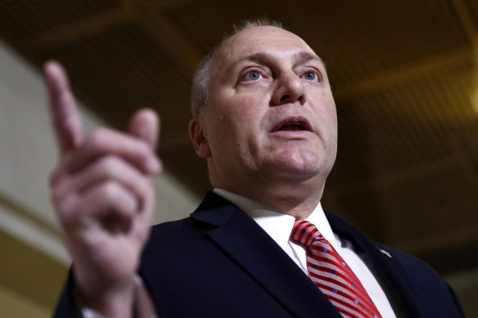 House Minority Whip Steve Scalise  speaks with members of the media outside a secure area of the Capitol.