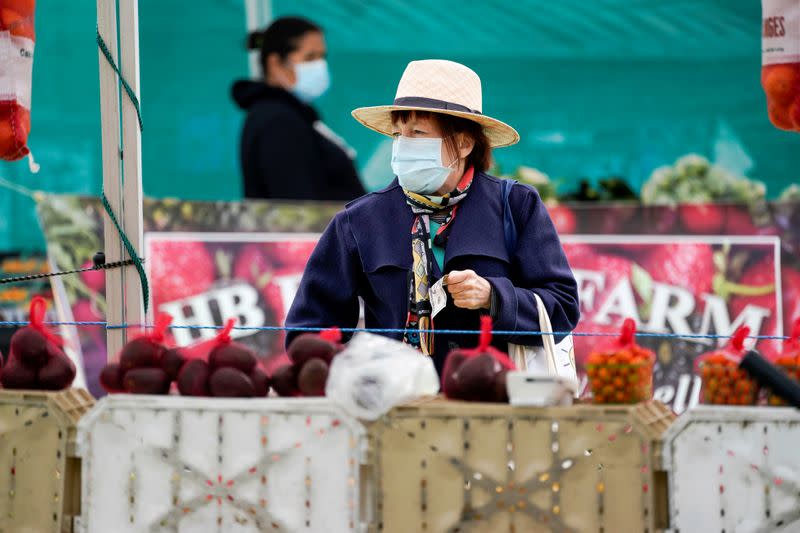 Shoppers wear masks at the Silver Lake Farmer's Market during the outbreak of the coronavirus disease (COVID-19) in Los Angeles, California