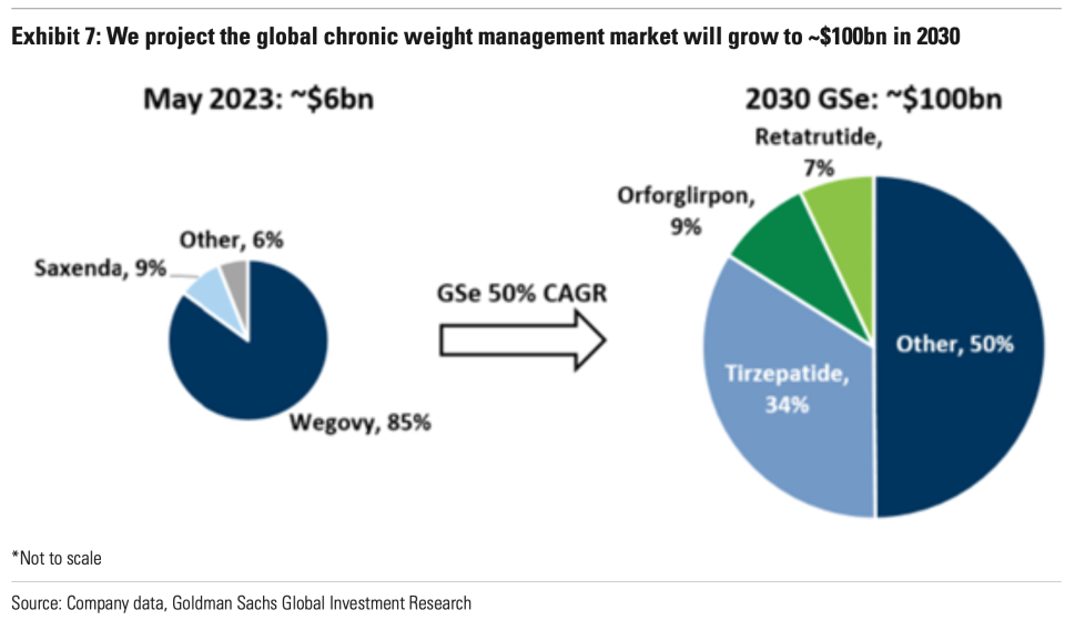 Goldman Sachs estimates the market for weight loss drugs could grow nearly 20x by the end of the decade. (Source: Goldman Sachs)