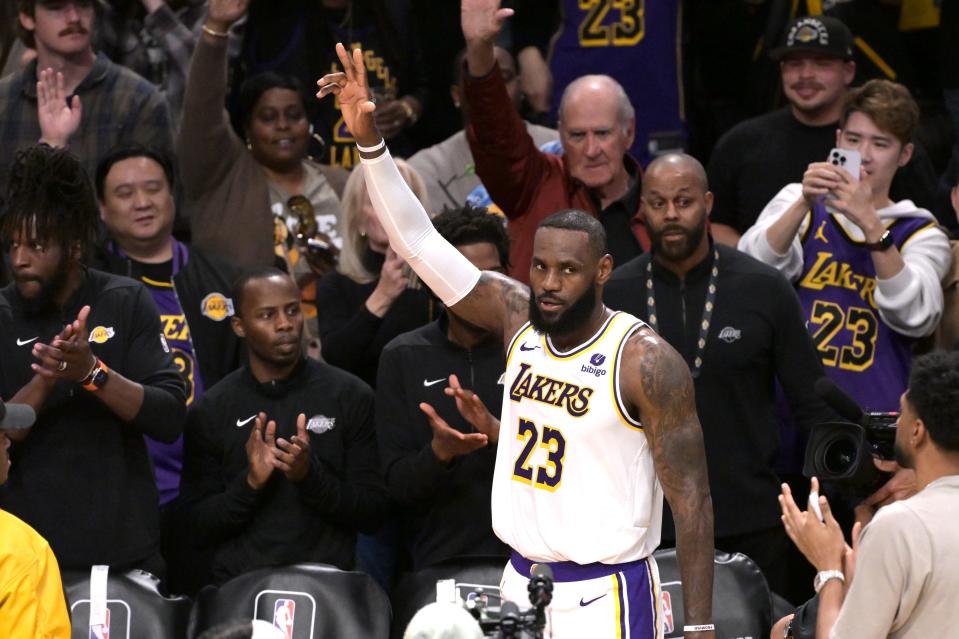 March 2, 2024 : Los Angeles Lakers forward LeBron James acknowledges the crowd after scoring his 40,000th career point against the Denver Nuggets at Crypto.com Arena in Denver.