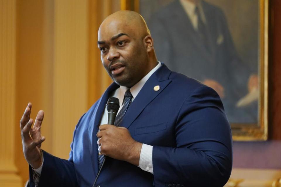 Virginia Del. Lamont Bagby, D-Richmond, speaks during the House session at the Capitol, Feb. 1, 2022, in Richmond, Va. (AP Photo/Steve Helber, file)