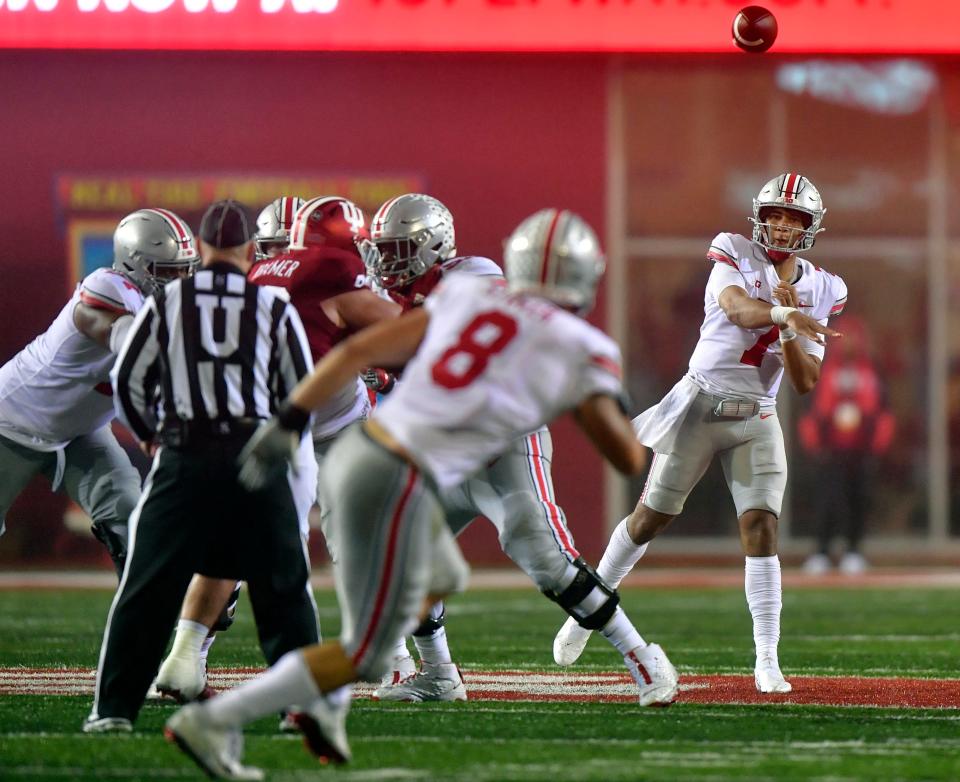 Ohio State quarterback C.J. Stroud (7) throws a pass against Indiana.