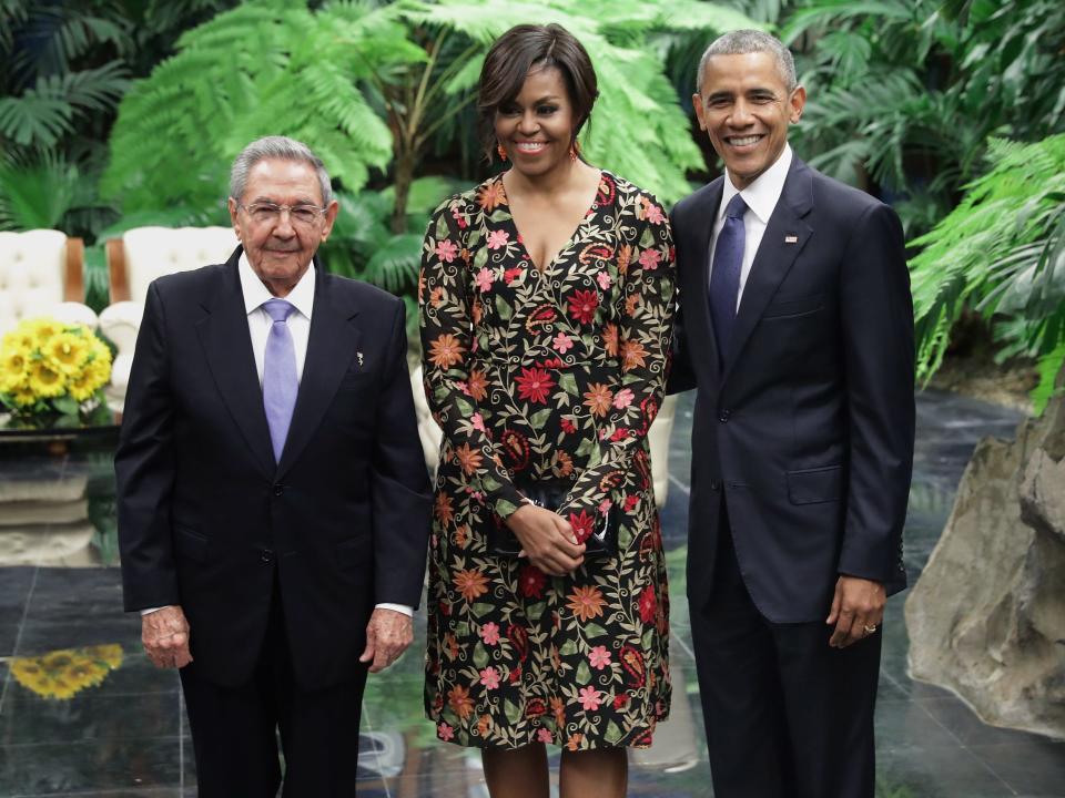 Barack and Michelle Obama pose with Cuban president Raul Castro