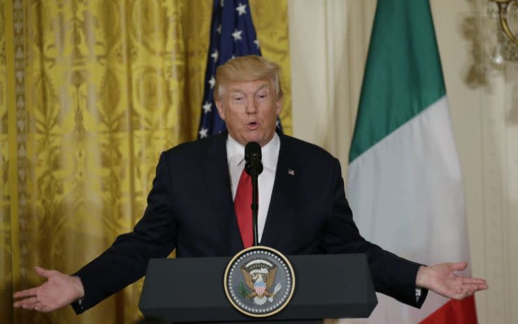 <em>Intervención del presidente Trump durante la rueda de prensa junto al primer ministro italiano Paolo Gentiloni celebrada en la Casa Blanca (Foto: Kevin Lamarque/Reuters).</em>