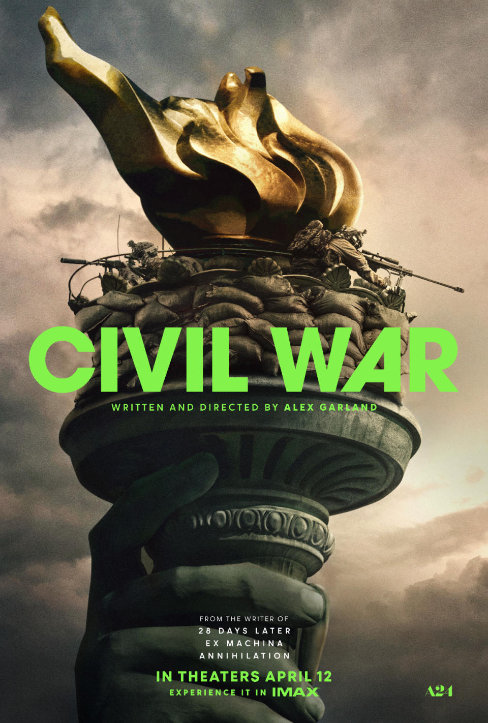 Movie poster for "Civil War," depicting a statue with snakes, written/directed by Alex Garland, IMAX release soon