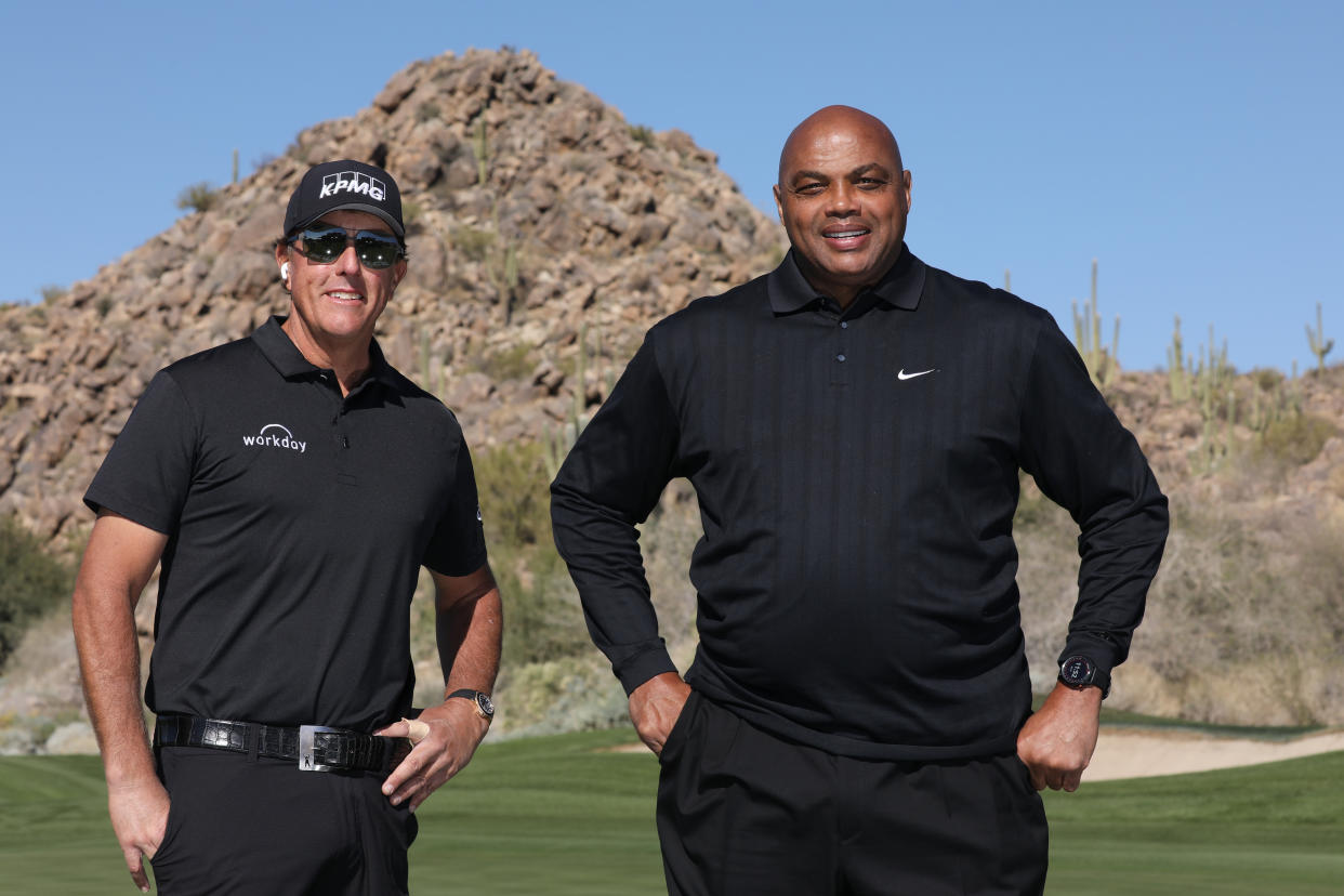 TUCSON, ARIZONA - NOVEMBER 27: Phil Mickelson and Charles Barkley pose for a team portrait prior to playing against Stephen Curry and Peyton Manning in Capital One's The Match: Champions For Change at Stone Canyon Golf Club on November 27, 2020 in Oro Valley, Arizona. (Photo by Christian Petersen/Getty Images for The Match)