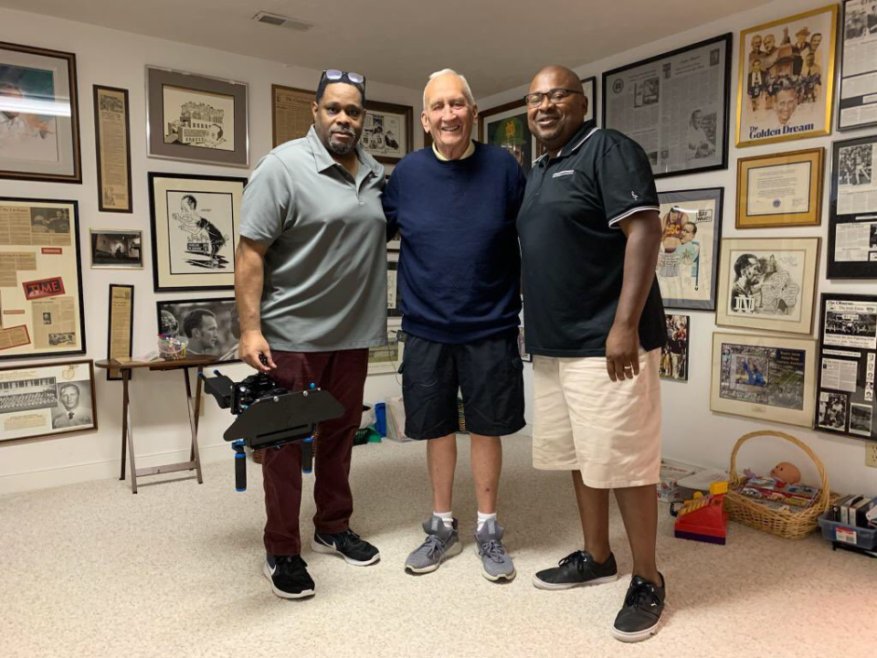 Branson Wright interviewed former Moeller coach Gerry Faust for an upcoming documentary. With Faust and Wright, right, is co-director/co-producer Joddy Eric Matthews.