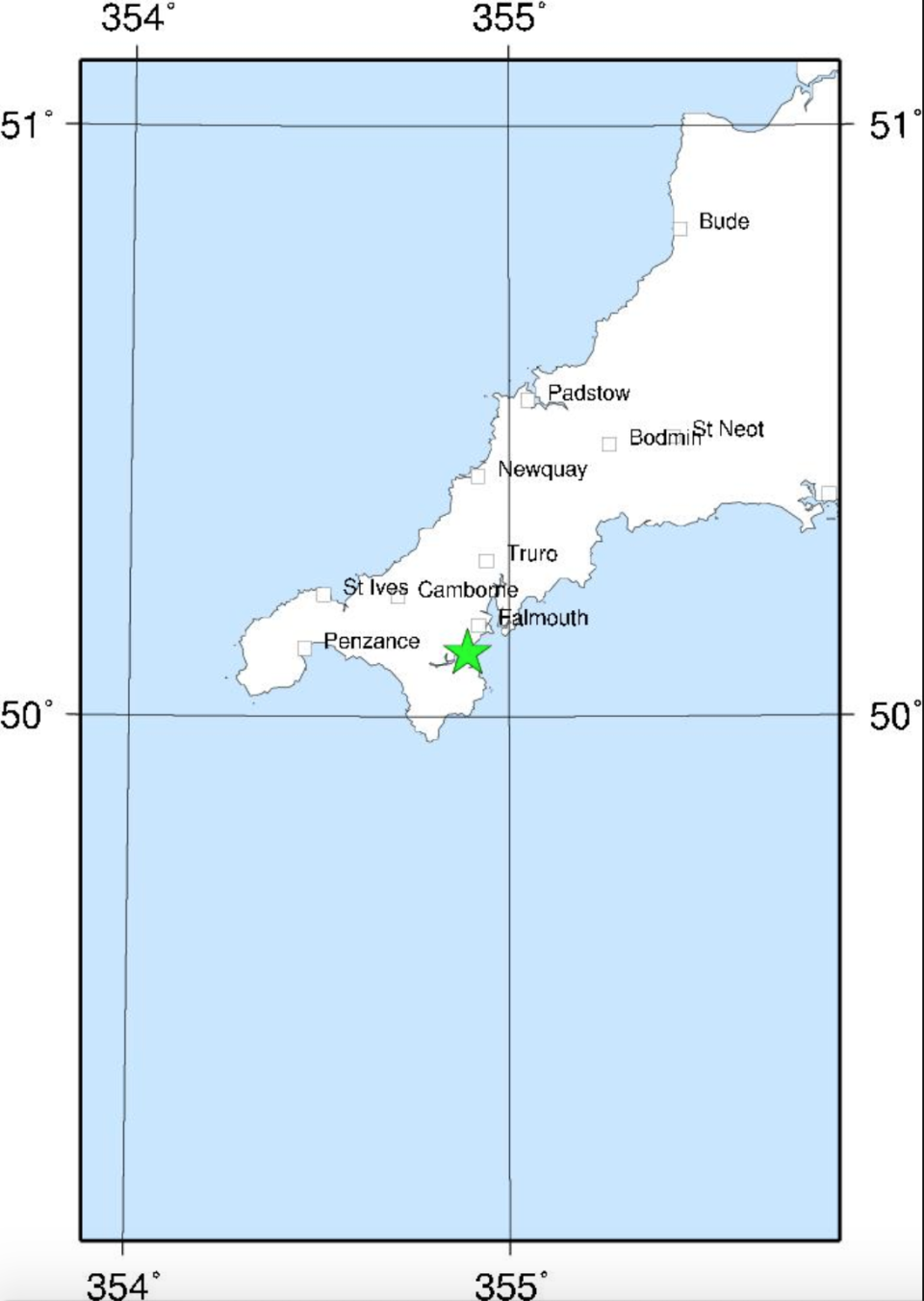 The British Geological Survey said the tremor hit around 5km south-west of Falmouth in Cornwall (Picture: British Geological Survey)