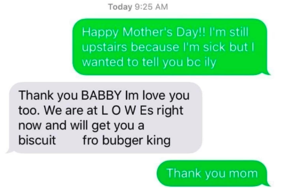 Text messages from grandparent reading, "Bubger King"