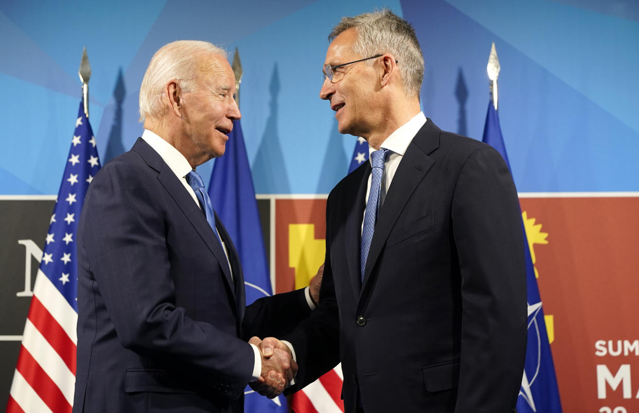 President Biden is greeted by NATO Secretary General Jens Stoltenberg after arriving for a summit in Madrid, Spain on Wednesday, June 29, 2022. (AP Photo/Susan Walsh)