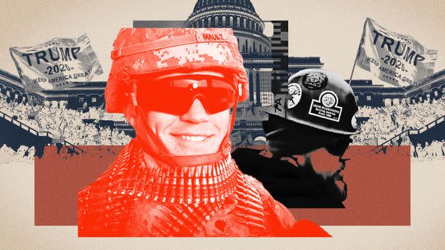 James Mault was photographed spraying police with a chemical agent while officers were under siege by a violent mob of Trump supporters at the U.S. Capitol on Jan. 6. (Photo: Illustration: Damon Dahlen/HuffPost; Photos: Getty/Facebook)