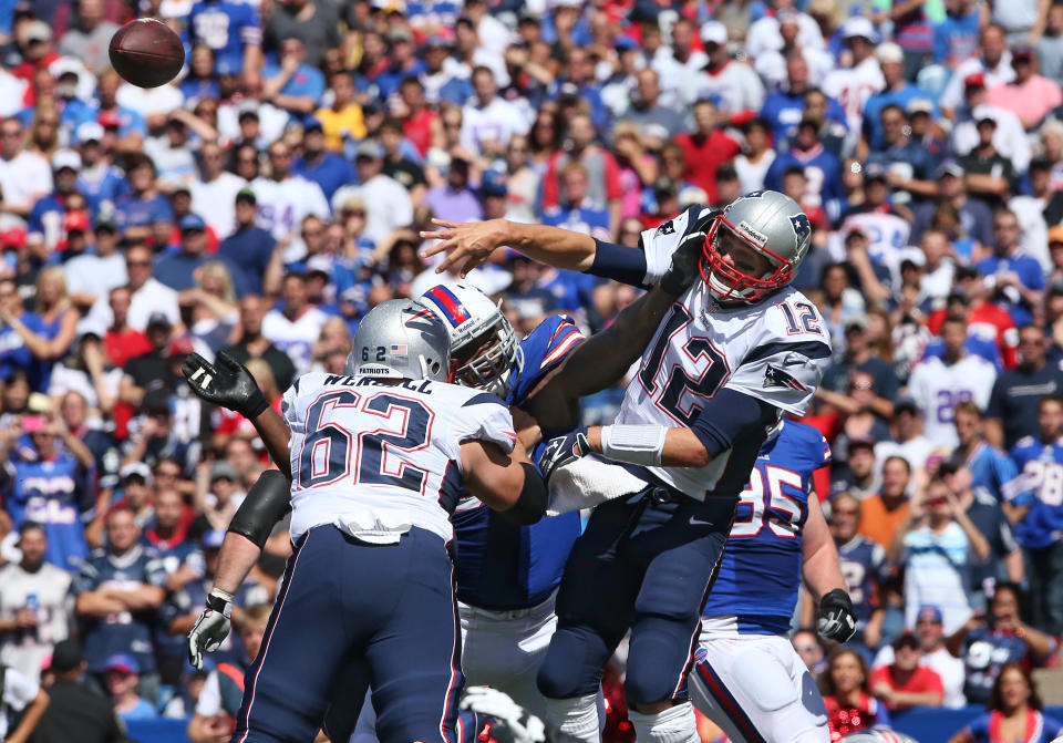As a Buffalo Bill in 2013, Marcell Dareus got in Tom Brady's face in the regular season. (Getty Images) 