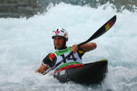 LONDON, ENGLAND - JULY 29: Mathieu Doby of Belgium competes during the Men's Kayak (K1) Canoe Slalom heats on Day 2 of the London 2012 Olympic Games at Lee Valley White Water Centre on July 29, 2012 in London, England. (Photo by Phil Walter/Getty Images)