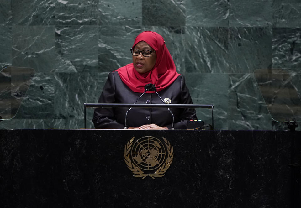 The President of Tanzania, Samia Suluhu Hassan addresses the 76th Session of the U.N. General Assembly at United Nations headquarters in New York, on Thursday, Sept. 23, 2021. (Timothy A. Clary/Pool Photo via AP)