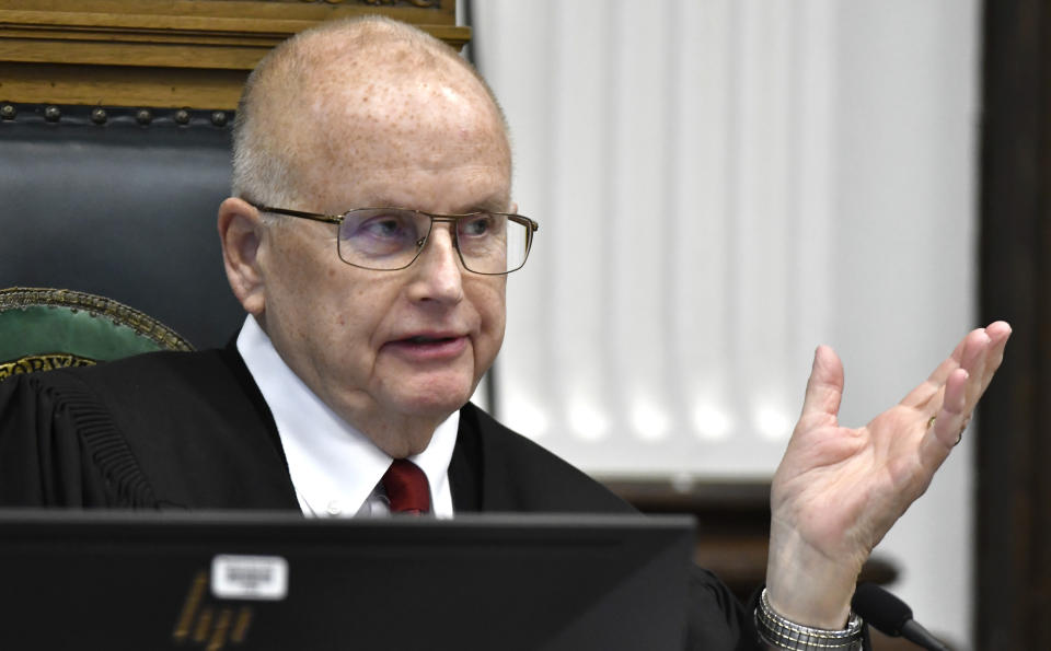 Judge Bruce Schroeder presides over a motion hearing, Tuesday, Oct. 5, 2021, in Kenosha, Wis., for Kyle Rittenhouse, who is accused of shooting three people during a protest against police brutality in Wisconsin last year. (Sean Krajacic/The Kenosha News via AP, Pool)