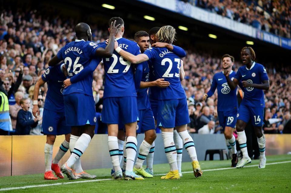 Kai Havertz of Chelsea celebrates with Kalidou Koulibaly, Christian Pulisic and Conor Gallagher after scoring their side's first goal during the Premier League match between Chelsea FC and Wolverhampton Wanderers at Stamford Bridge.